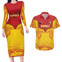 Papua New Guinea Rugby Custom Couples Matching Long Sleeve Bodycon Dress and Hawaiian Shirt Go Kumuls PNG - Polynesian Pattern LT14 Yellow - Polynesian Pride