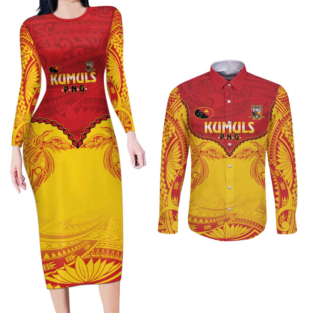 Papua New Guinea Rugby Custom Couples Matching Long Sleeve Bodycon Dress and Long Sleeve Button Shirt Go Kumuls PNG - Polynesian Pattern LT14 Yellow - Polynesian Pride