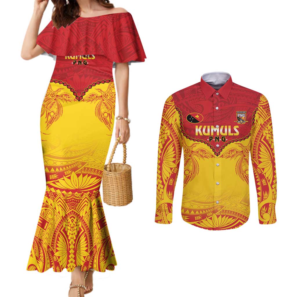 Papua New Guinea Rugby Custom Couples Matching Mermaid Dress and Long Sleeve Button Shirt Go Kumuls PNG - Polynesian Pattern LT14 Yellow - Polynesian Pride