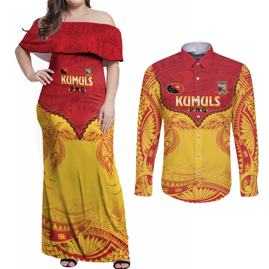 Papua New Guinea Rugby Custom Couples Matching Off Shoulder Maxi Dress and Long Sleeve Button Shirt Go Kumuls PNG - Polynesian Pattern LT14 Yellow - Polynesian Pride