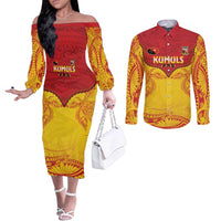 Papua New Guinea Rugby Custom Couples Matching Off The Shoulder Long Sleeve Dress and Long Sleeve Button Shirt Go Kumuls PNG - Polynesian Pattern LT14 Yellow - Polynesian Pride