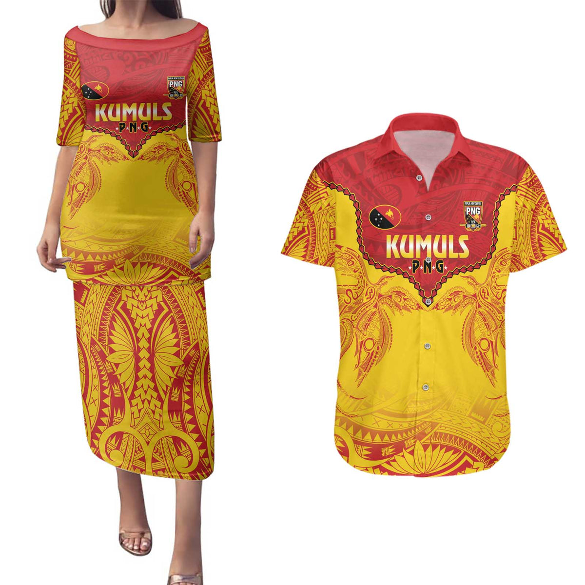 Papua New Guinea Rugby Custom Couples Matching Puletasi and Hawaiian Shirt Go Kumuls PNG - Polynesian Pattern LT14 Yellow - Polynesian Pride