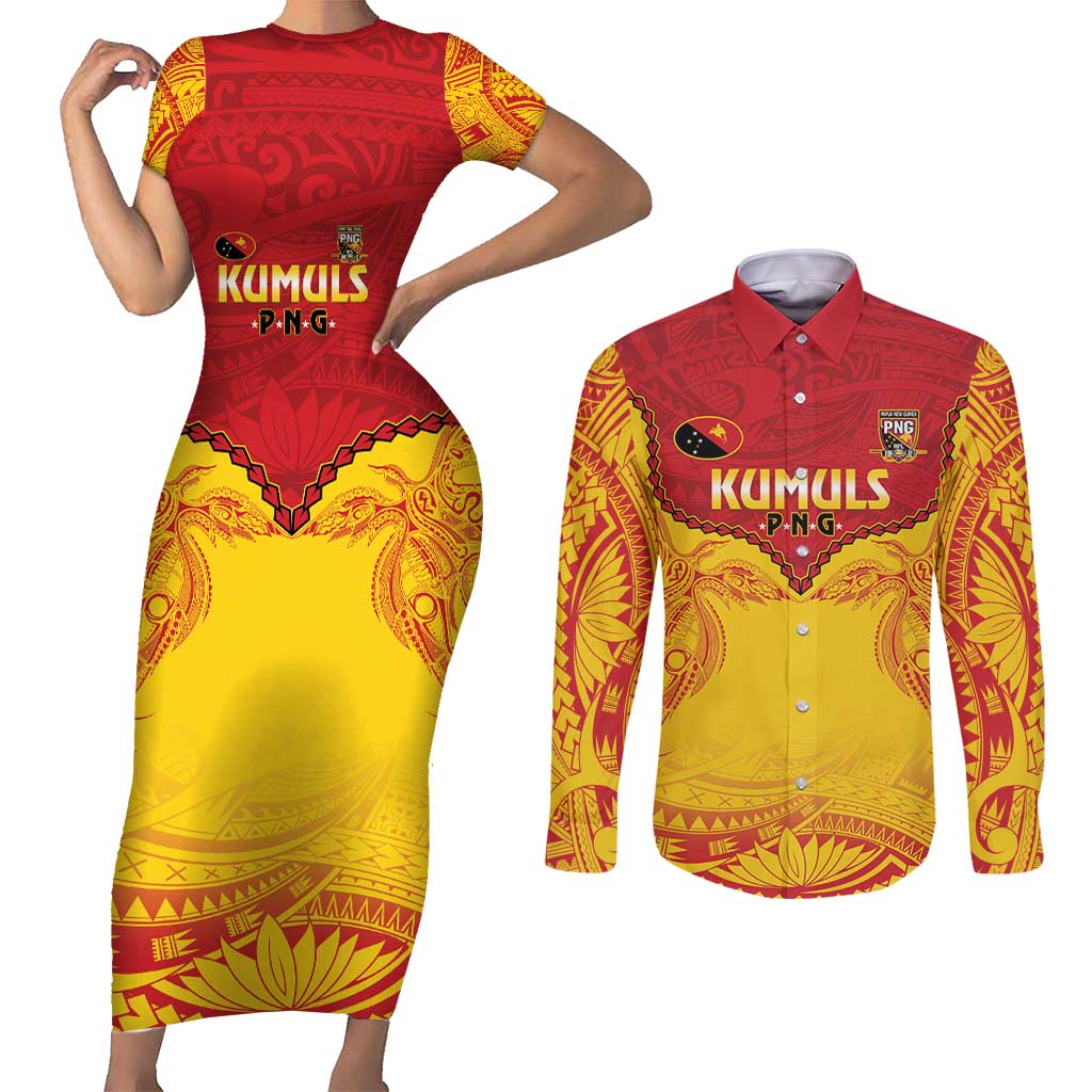 Papua New Guinea Rugby Custom Couples Matching Short Sleeve Bodycon Dress and Long Sleeve Button Shirt Go Kumuls PNG - Polynesian Pattern LT14 Yellow - Polynesian Pride