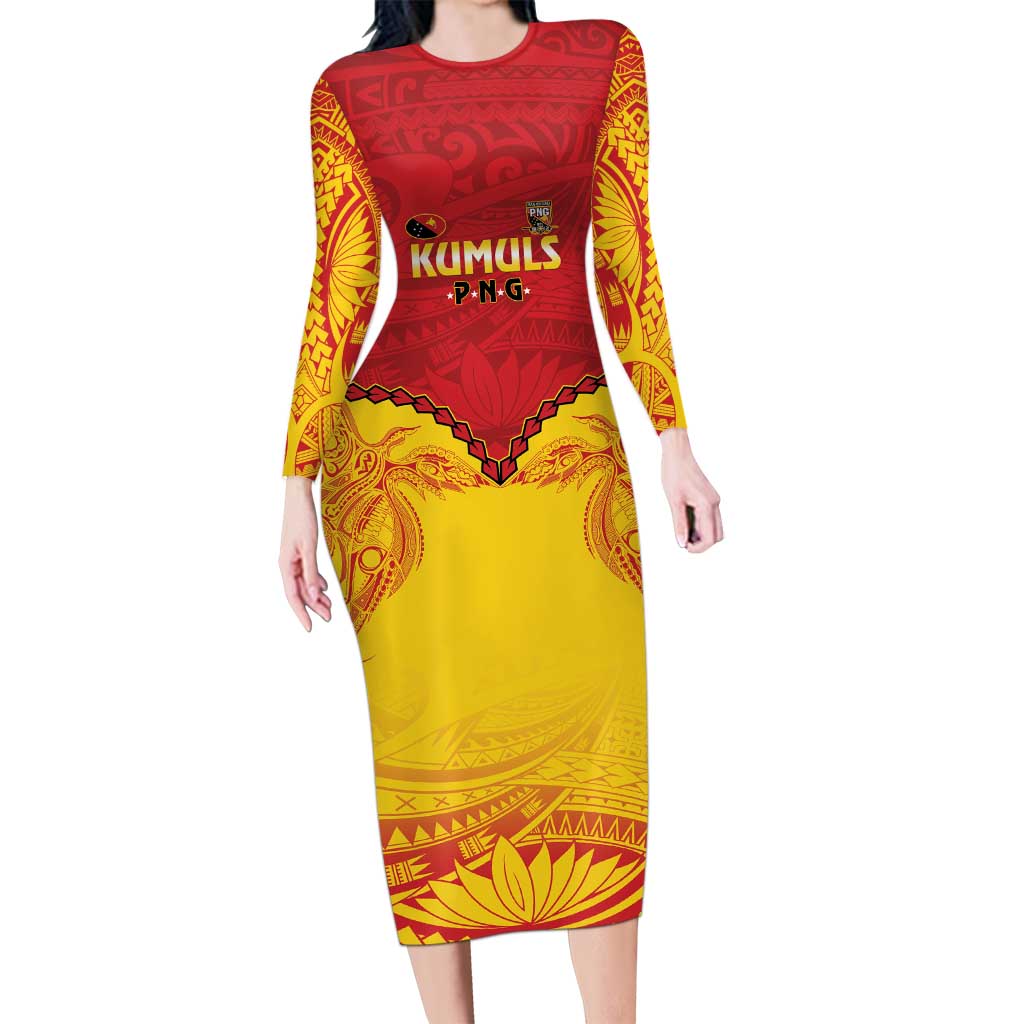 Papua New Guinea Rugby Custom Family Matching Long Sleeve Bodycon Dress and Hawaiian Shirt Go Kumuls PNG - Polynesian Pattern LT14 Mom's Dress Yellow - Polynesian Pride