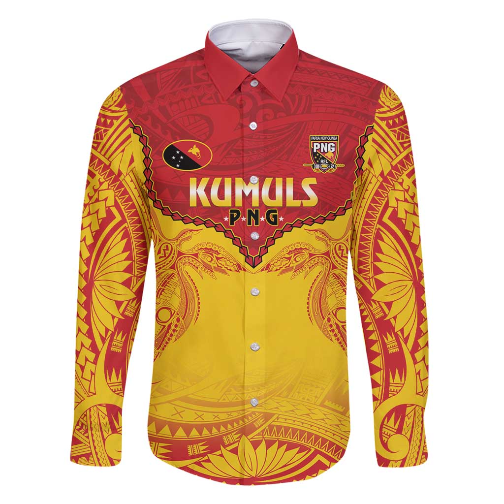 Papua New Guinea Rugby Custom Family Matching Mermaid Dress and Hawaiian Shirt Go Kumuls PNG - Polynesian Pattern LT14 Dad's Shirt - Long Sleeve Yellow - Polynesian Pride