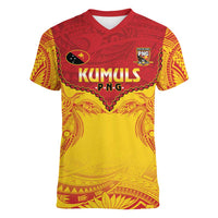 Papua New Guinea Rugby Custom Women V-Neck T-Shirt Go Kumuls PNG - Polynesian Pattern LT14 Female Yellow - Polynesian Pride