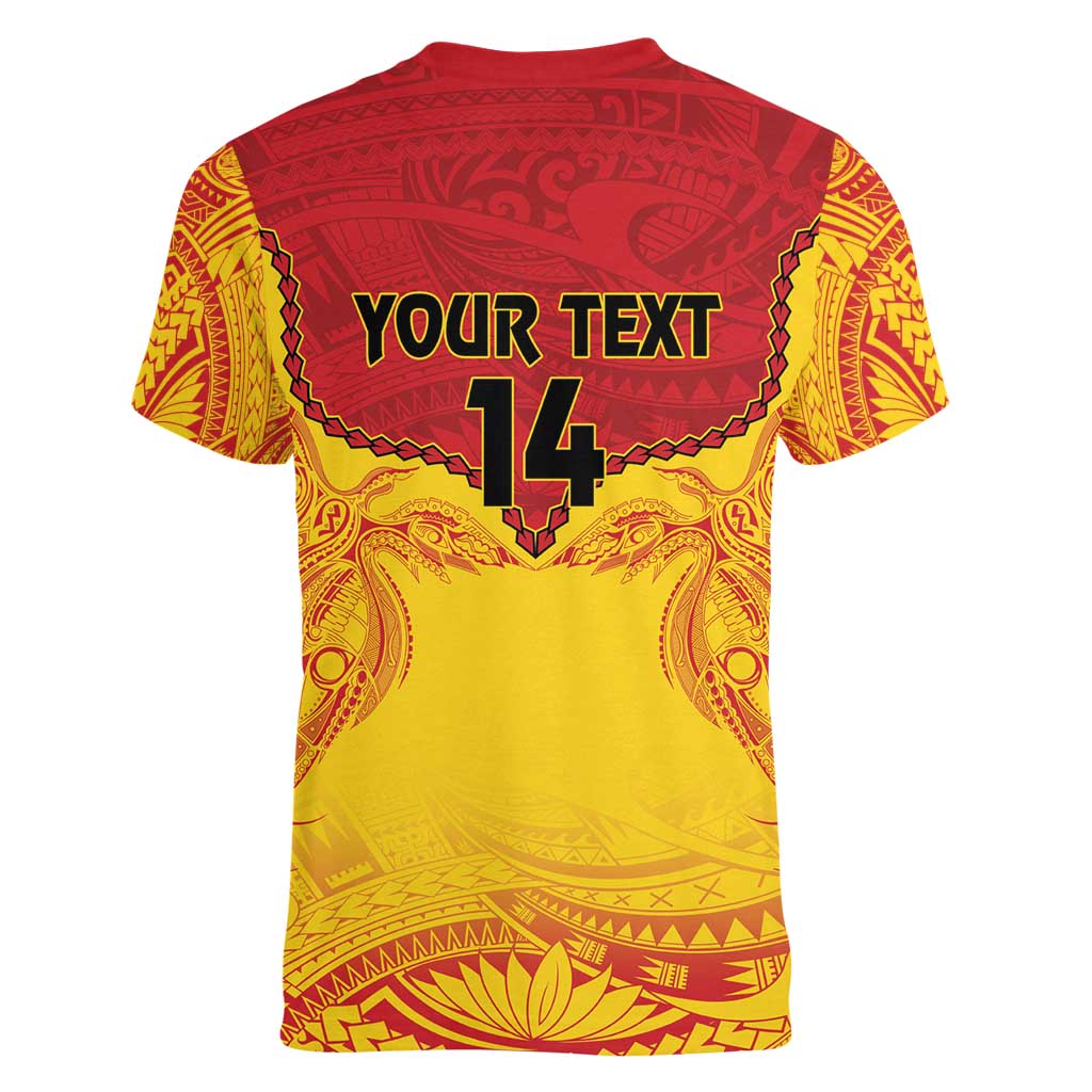 Papua New Guinea Rugby Custom Women V-Neck T-Shirt Go Kumuls PNG - Polynesian Pattern LT14 - Polynesian Pride
