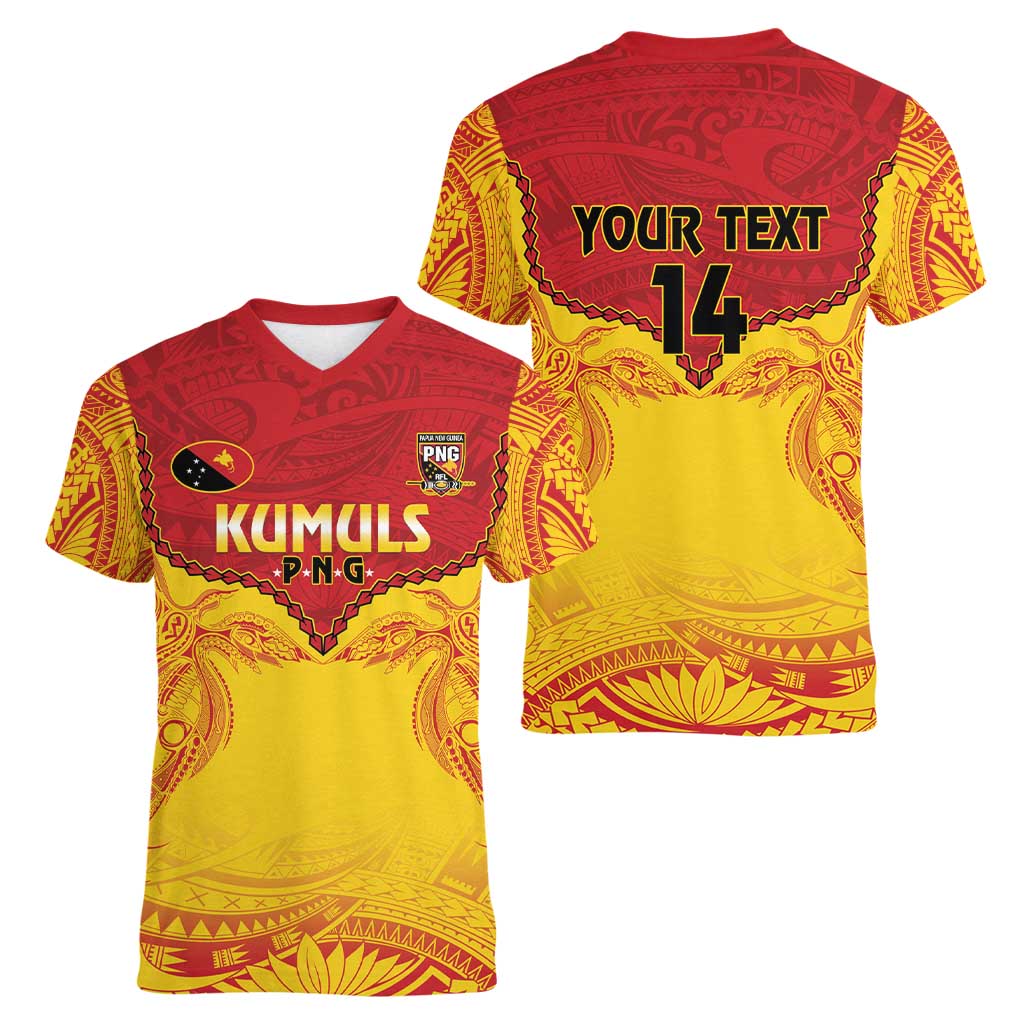 Papua New Guinea Rugby Custom Women V-Neck T-Shirt Go Kumuls PNG - Polynesian Pattern LT14 - Polynesian Pride