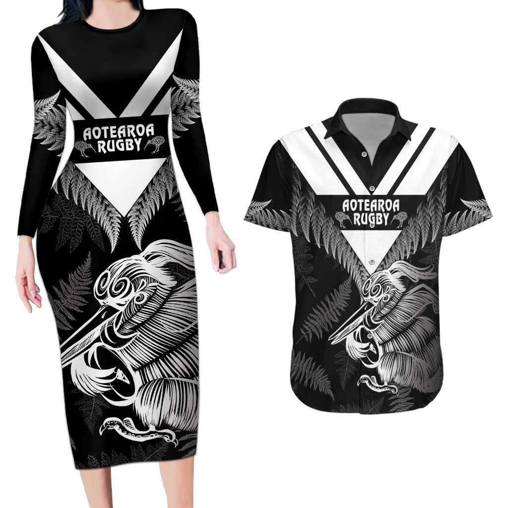 Aotearoa Silver Fern Rugby Custom Couples Matching Long Sleeve Bodycon Dress and Hawaiian Shirt 2024 Go Kiwi LT14 Black - Polynesian Pride