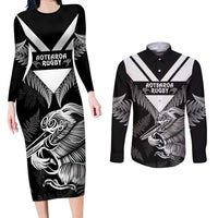 Aotearoa Silver Fern Rugby Custom Couples Matching Long Sleeve Bodycon Dress and Long Sleeve Button Shirt 2024 Go Kiwi LT14 Black - Polynesian Pride