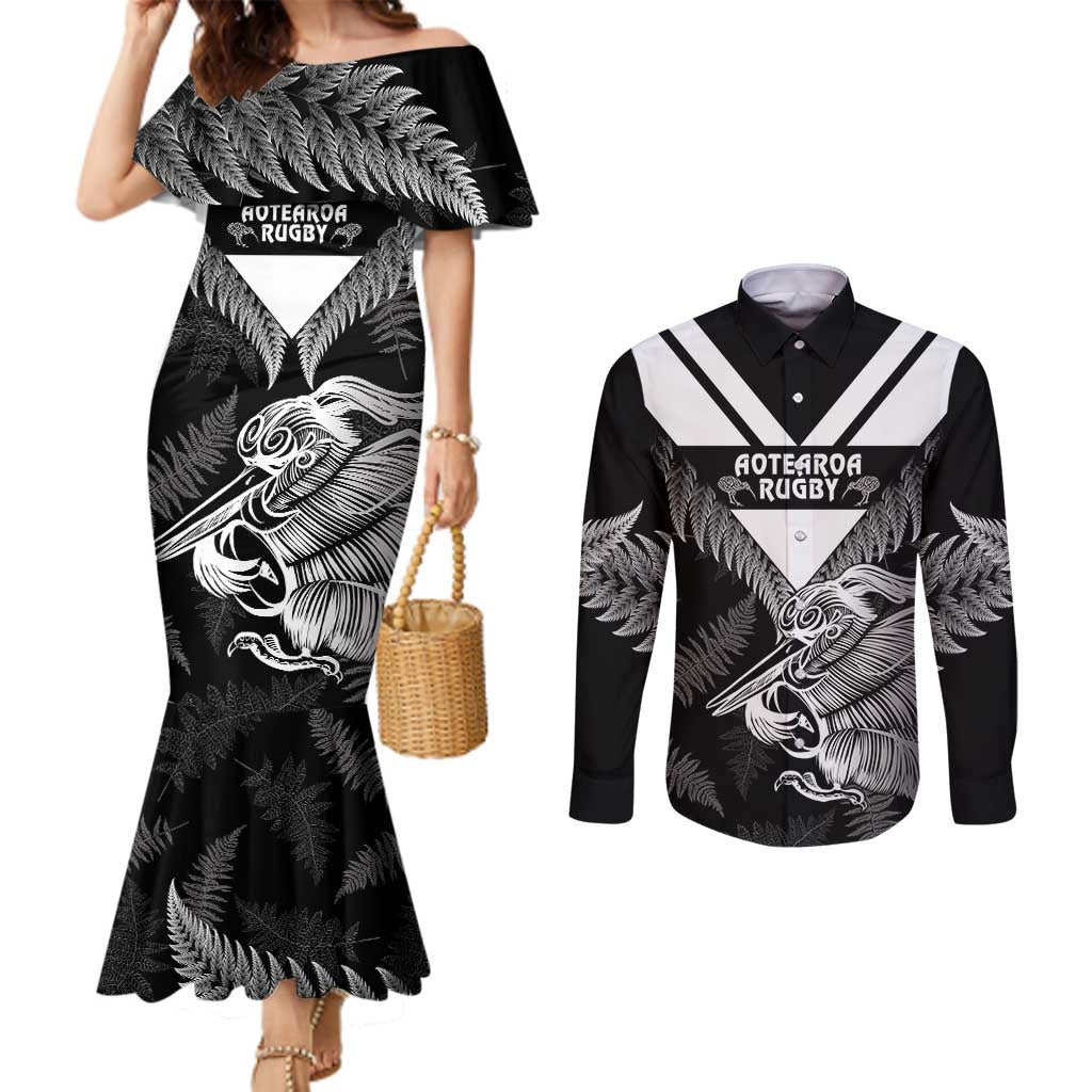 Aotearoa Silver Fern Rugby Custom Couples Matching Mermaid Dress and Long Sleeve Button Shirt 2024 Go Kiwi LT14 Black - Polynesian Pride