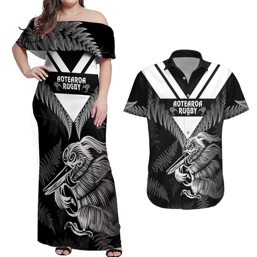 Aotearoa Silver Fern Rugby Custom Couples Matching Off Shoulder Maxi Dress and Hawaiian Shirt 2024 Go Kiwi LT14 Black - Polynesian Pride
