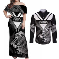 Aotearoa Silver Fern Rugby Custom Couples Matching Off Shoulder Maxi Dress and Long Sleeve Button Shirt 2024 Go Kiwi LT14 Black - Polynesian Pride