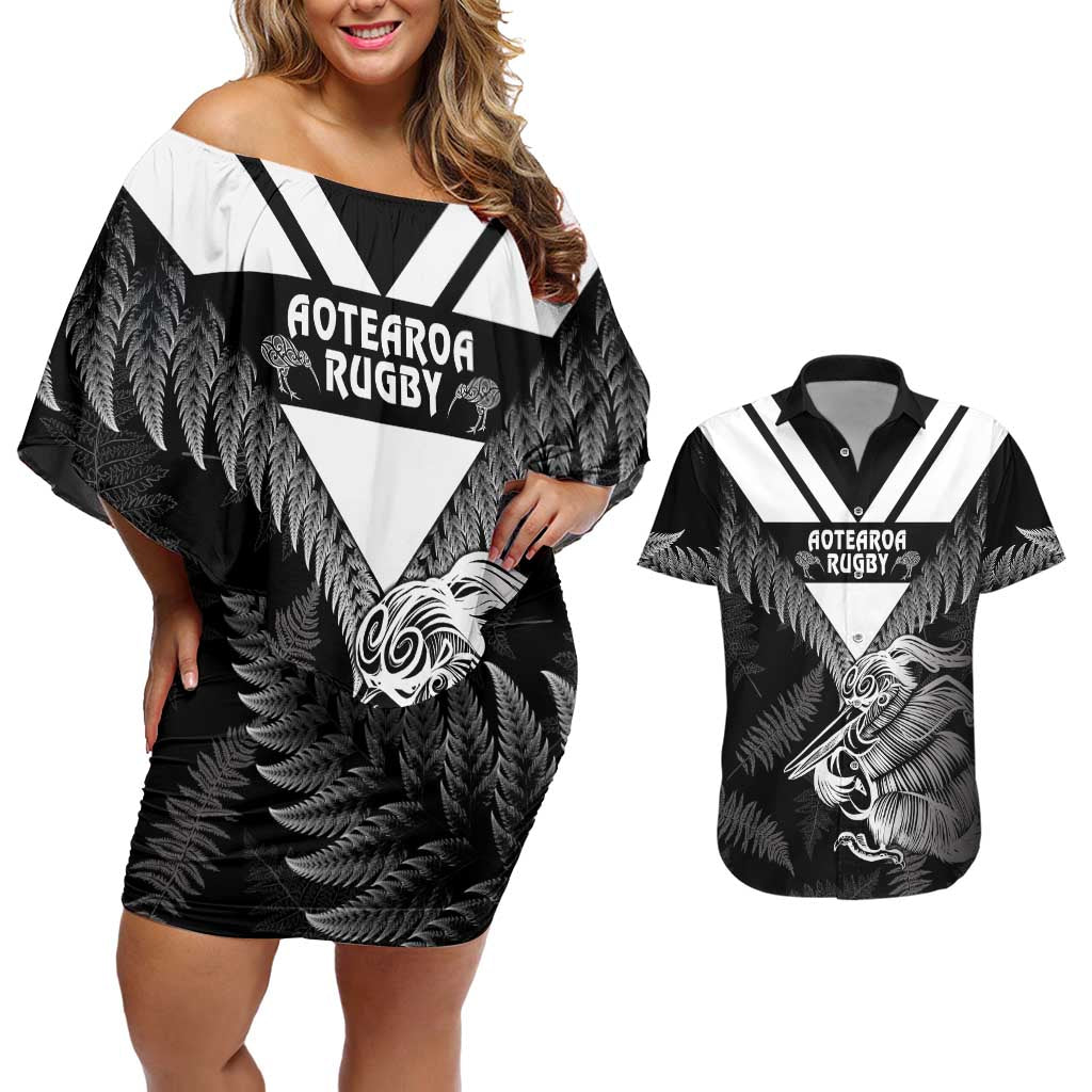 Aotearoa Silver Fern Rugby Custom Couples Matching Off Shoulder Short Dress and Hawaiian Shirt 2024 Go Kiwi LT14 Black - Polynesian Pride