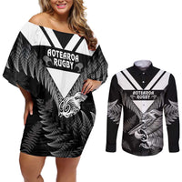 Aotearoa Silver Fern Rugby Custom Couples Matching Off Shoulder Short Dress and Long Sleeve Button Shirt 2024 Go Kiwi LT14 Black - Polynesian Pride