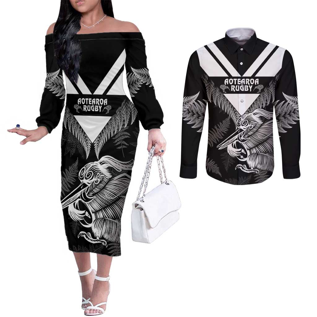 Aotearoa Silver Fern Rugby Custom Couples Matching Off The Shoulder Long Sleeve Dress and Long Sleeve Button Shirt 2024 Go Kiwi LT14 Black - Polynesian Pride