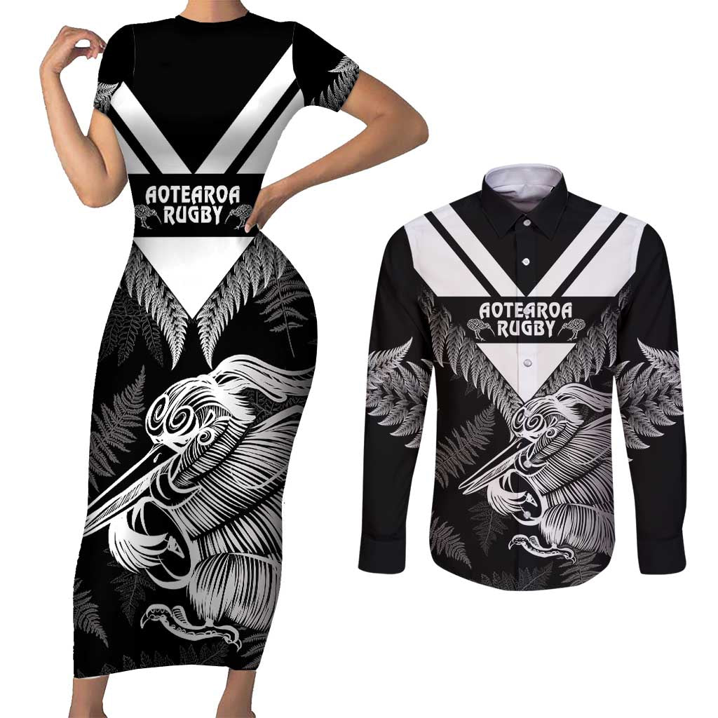 Aotearoa Silver Fern Rugby Custom Couples Matching Short Sleeve Bodycon Dress and Long Sleeve Button Shirt 2024 Go Kiwi LT14 Black - Polynesian Pride