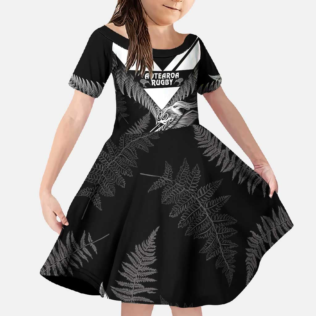 Aotearoa Silver Fern Rugby Custom Family Matching Off Shoulder Maxi Dress and Hawaiian Shirt 2024 Go Kiwi LT14 Daughter's Dress Black - Polynesian Pride