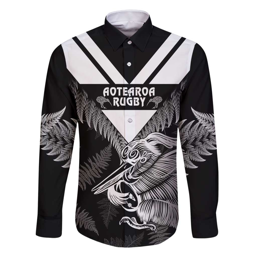 Aotearoa Silver Fern Rugby Custom Family Matching Off Shoulder Maxi Dress and Hawaiian Shirt 2024 Go Kiwi LT14 Dad's Shirt - Long Sleeve Black - Polynesian Pride