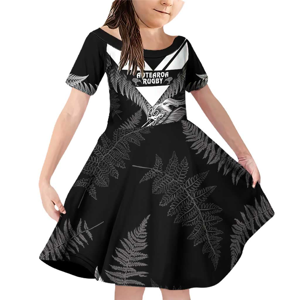 Aotearoa Silver Fern Rugby Custom Family Matching Off Shoulder Short Dress and Hawaiian Shirt 2024 Go Kiwi LT14 Daughter's Dress Black - Polynesian Pride