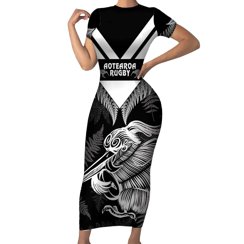 Aotearoa Silver Fern Rugby Custom Family Matching Short Sleeve Bodycon Dress and Hawaiian Shirt 2024 Go Kiwi LT14 Mom's Dress Black - Polynesian Pride