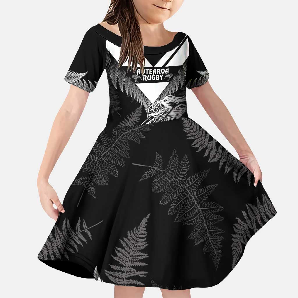 Aotearoa Silver Fern Rugby Custom Family Matching Summer Maxi Dress and Hawaiian Shirt 2024 Go Kiwi LT14 Daughter's Dress Black - Polynesian Pride