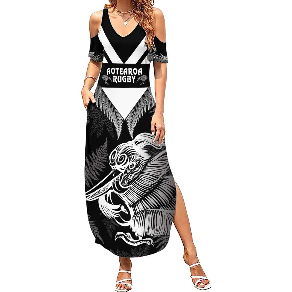 Aotearoa Silver Fern Rugby Custom Family Matching Summer Maxi Dress and Hawaiian Shirt 2024 Go Kiwi LT14 Mom's Dress Black - Polynesian Pride
