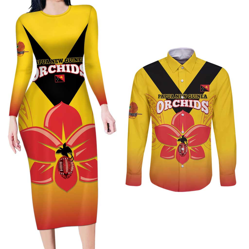 Orchids PNG Rugby Custom Couples Matching Long Sleeve Bodycon Dress and Long Sleeve Button Shirt Go Champions Papua New Guinea LT14 Yellow - Polynesian Pride
