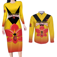 Orchids PNG Rugby Custom Couples Matching Long Sleeve Bodycon Dress and Long Sleeve Button Shirt Go Champions Papua New Guinea LT14 Yellow - Polynesian Pride