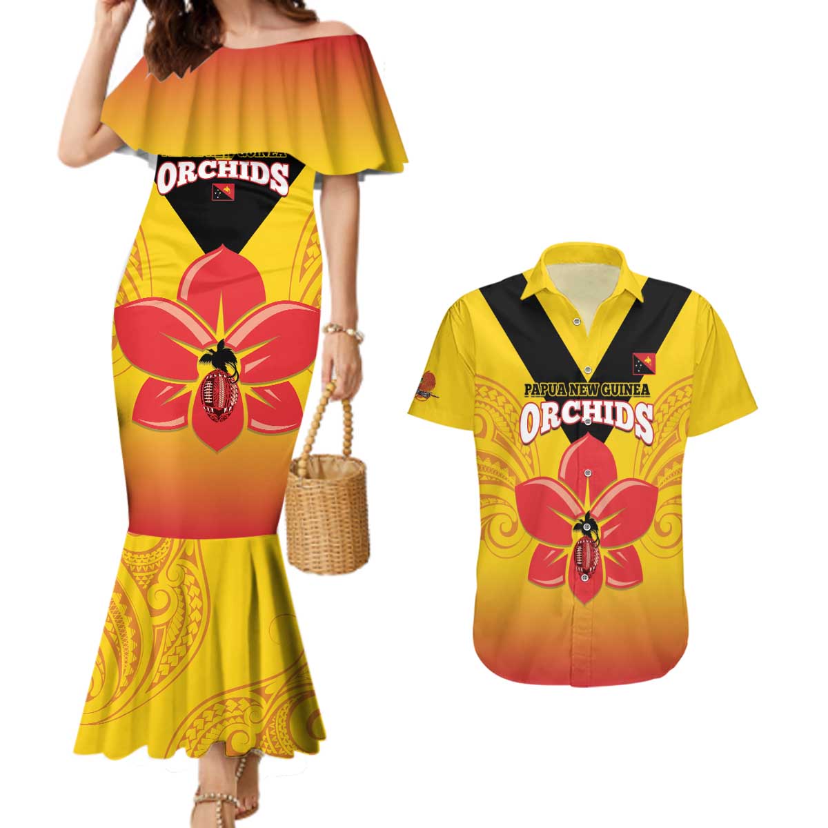 Orchids PNG Rugby Custom Couples Matching Mermaid Dress and Hawaiian Shirt Go Champions Papua New Guinea LT14 Yellow - Polynesian Pride