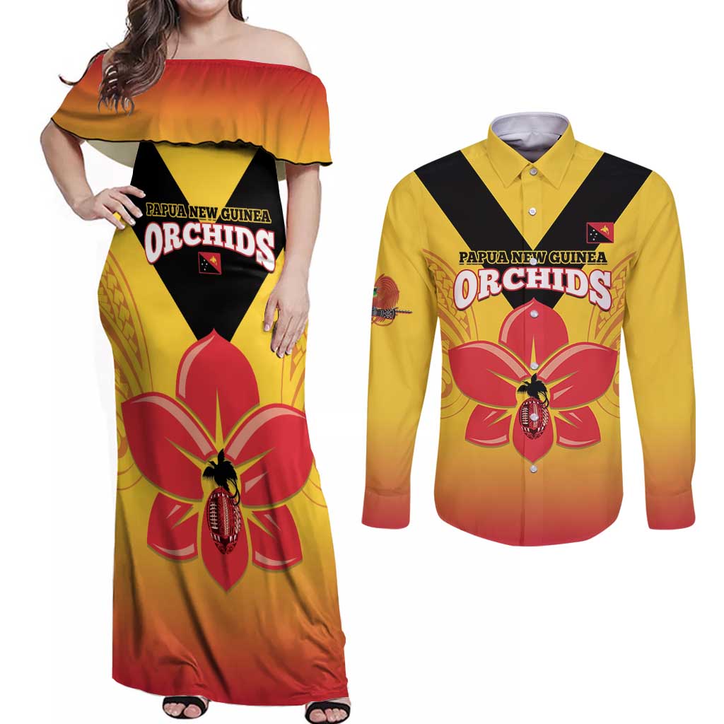 Orchids PNG Rugby Custom Couples Matching Off Shoulder Maxi Dress and Long Sleeve Button Shirt Go Champions Papua New Guinea LT14 Yellow - Polynesian Pride