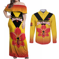 Orchids PNG Rugby Custom Couples Matching Off Shoulder Maxi Dress and Long Sleeve Button Shirt Go Champions Papua New Guinea LT14 Yellow - Polynesian Pride