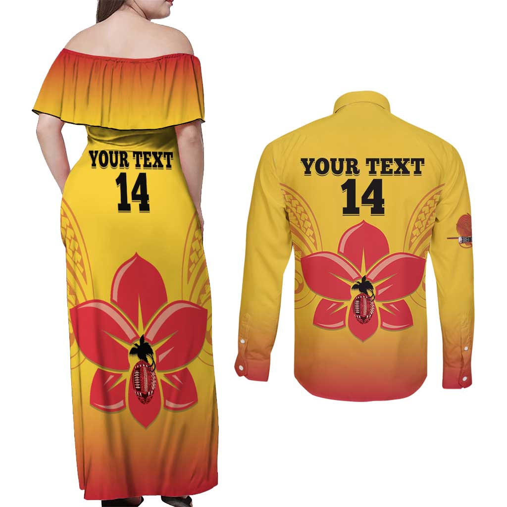 Orchids PNG Rugby Custom Couples Matching Off Shoulder Maxi Dress and Long Sleeve Button Shirt Go Champions Papua New Guinea LT14 - Polynesian Pride