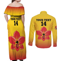Orchids PNG Rugby Custom Couples Matching Off Shoulder Maxi Dress and Long Sleeve Button Shirt Go Champions Papua New Guinea LT14 - Polynesian Pride