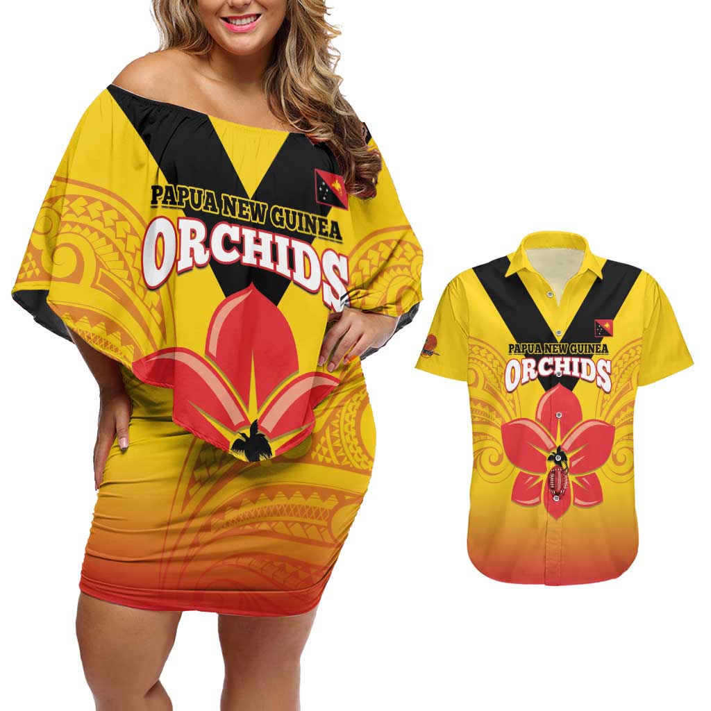 Orchids PNG Rugby Custom Couples Matching Off Shoulder Short Dress and Hawaiian Shirt Go Champions Papua New Guinea LT14 Yellow - Polynesian Pride