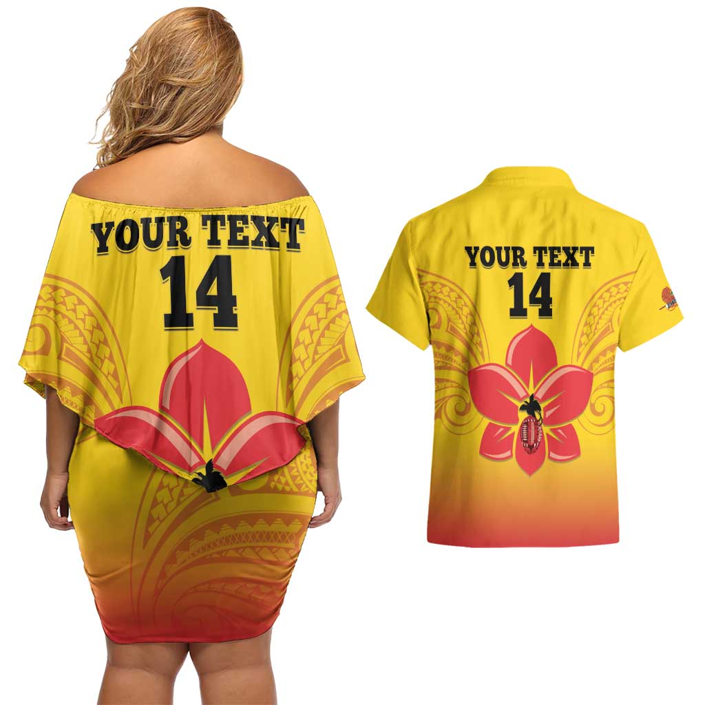 Orchids PNG Rugby Custom Couples Matching Off Shoulder Short Dress and Hawaiian Shirt Go Champions Papua New Guinea LT14 - Polynesian Pride