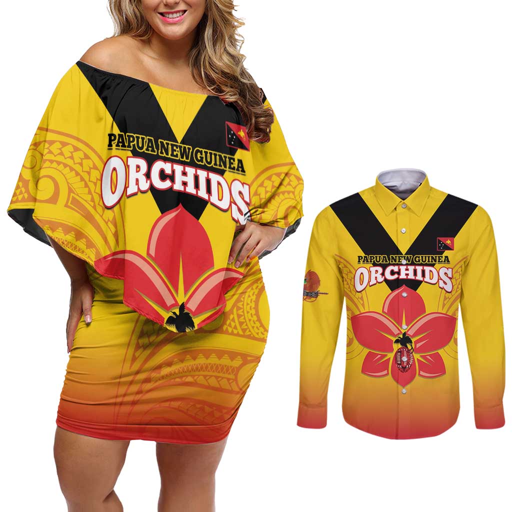 Orchids PNG Rugby Custom Couples Matching Off Shoulder Short Dress and Long Sleeve Button Shirt Go Champions Papua New Guinea LT14 Yellow - Polynesian Pride