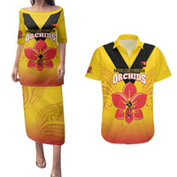 Orchids PNG Rugby Custom Couples Matching Puletasi and Hawaiian Shirt Go Champions Papua New Guinea LT14 Yellow - Polynesian Pride