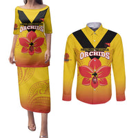 Orchids PNG Rugby Custom Couples Matching Puletasi and Long Sleeve Button Shirt Go Champions Papua New Guinea LT14 Yellow - Polynesian Pride