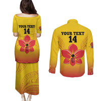 Orchids PNG Rugby Custom Couples Matching Puletasi and Long Sleeve Button Shirt Go Champions Papua New Guinea LT14 - Polynesian Pride