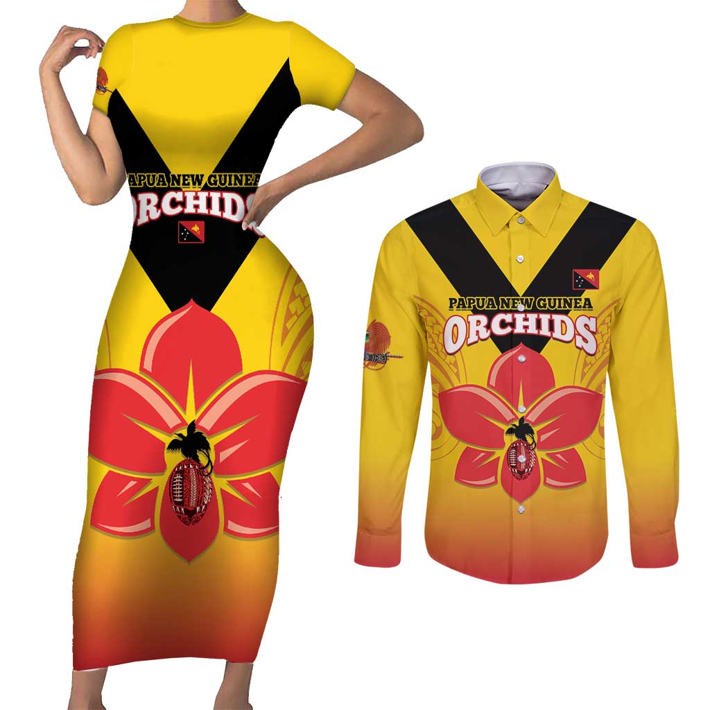 Orchids PNG Rugby Custom Couples Matching Short Sleeve Bodycon Dress and Long Sleeve Button Shirt Go Champions Papua New Guinea LT14 Yellow - Polynesian Pride