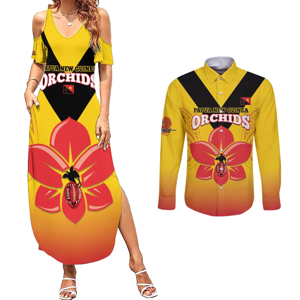 Orchids PNG Rugby Custom Couples Matching Summer Maxi Dress and Long Sleeve Button Shirt Go Champions Papua New Guinea LT14 Yellow - Polynesian Pride