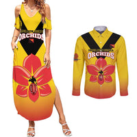 Orchids PNG Rugby Custom Couples Matching Summer Maxi Dress and Long Sleeve Button Shirt Go Champions Papua New Guinea LT14 Yellow - Polynesian Pride