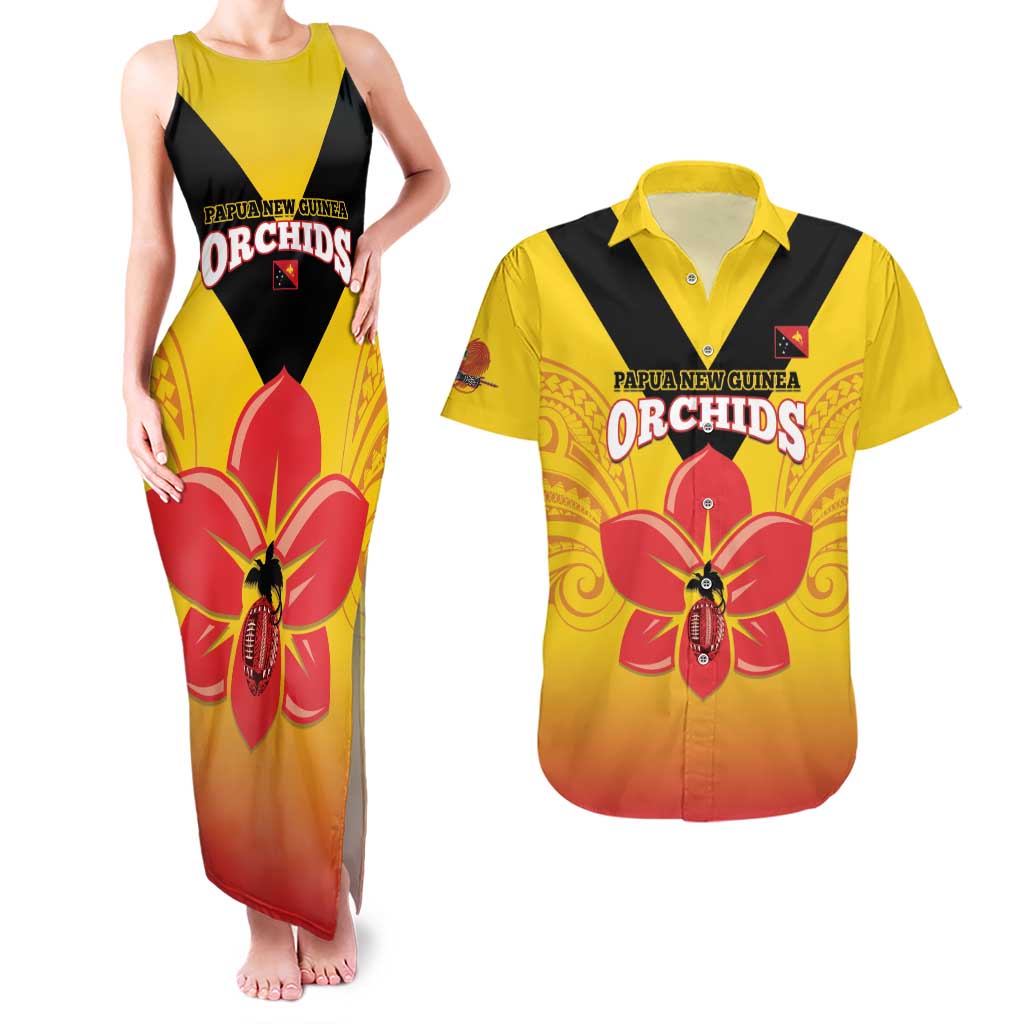 Orchids PNG Rugby Custom Couples Matching Tank Maxi Dress and Hawaiian Shirt Go Champions Papua New Guinea LT14 Yellow - Polynesian Pride