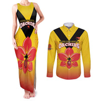 Orchids PNG Rugby Custom Couples Matching Tank Maxi Dress and Long Sleeve Button Shirt Go Champions Papua New Guinea LT14 Yellow - Polynesian Pride