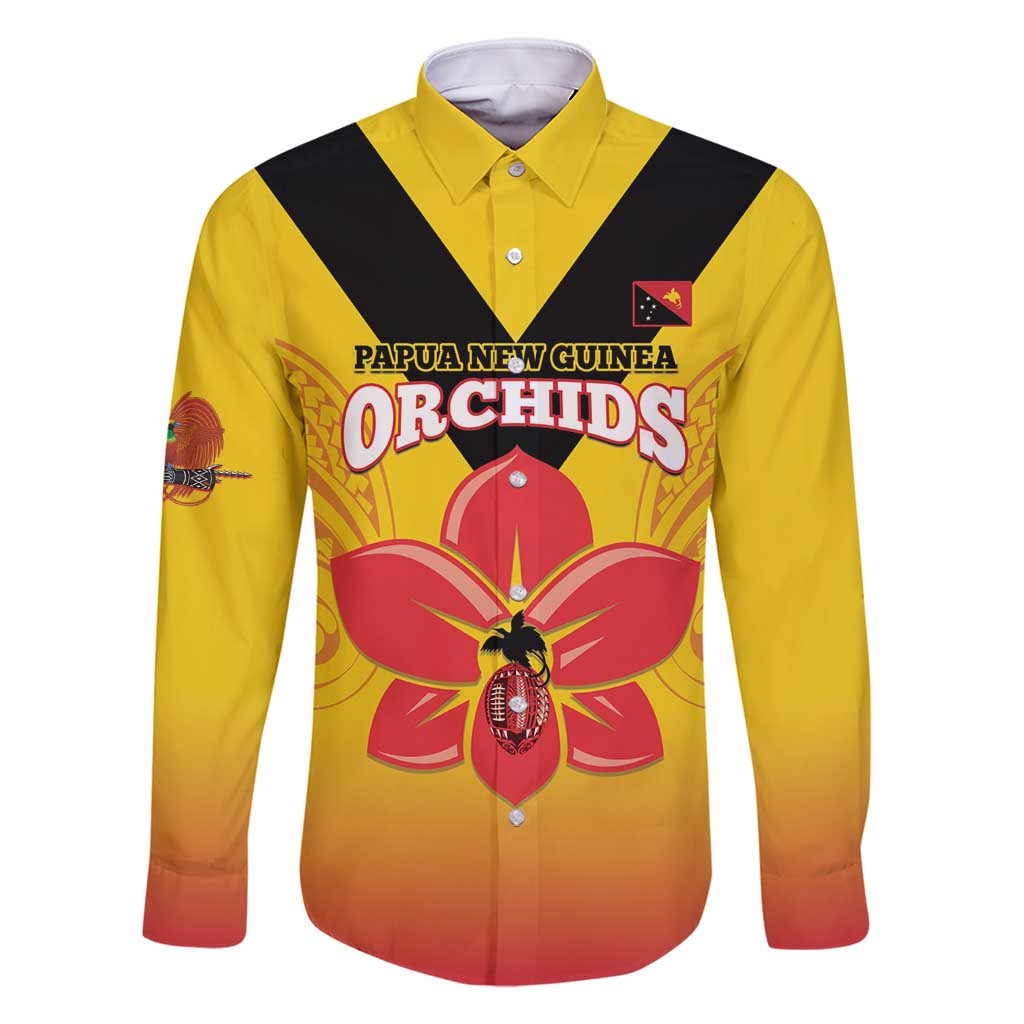 Orchids PNG Rugby Custom Family Matching Long Sleeve Bodycon Dress and Hawaiian Shirt Go Champions Papua New Guinea LT14 Dad's Shirt - Long Sleeve Yellow - Polynesian Pride