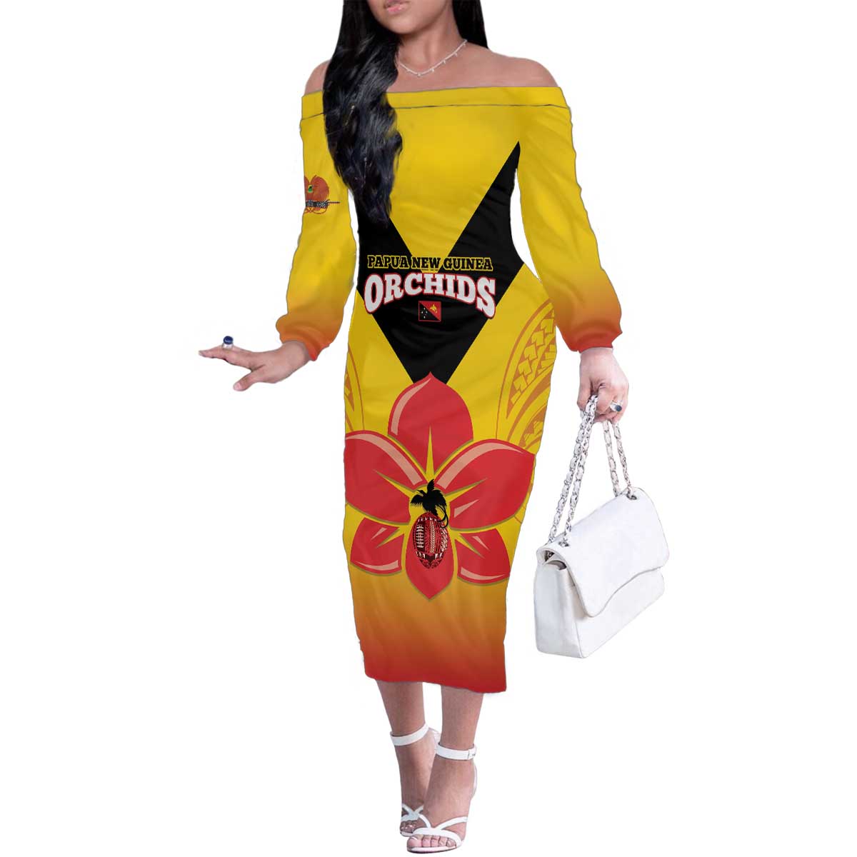 Orchids PNG Rugby Custom Family Matching Off The Shoulder Long Sleeve Dress and Hawaiian Shirt Go Champions Papua New Guinea LT14 Mom's Dress Yellow - Polynesian Pride