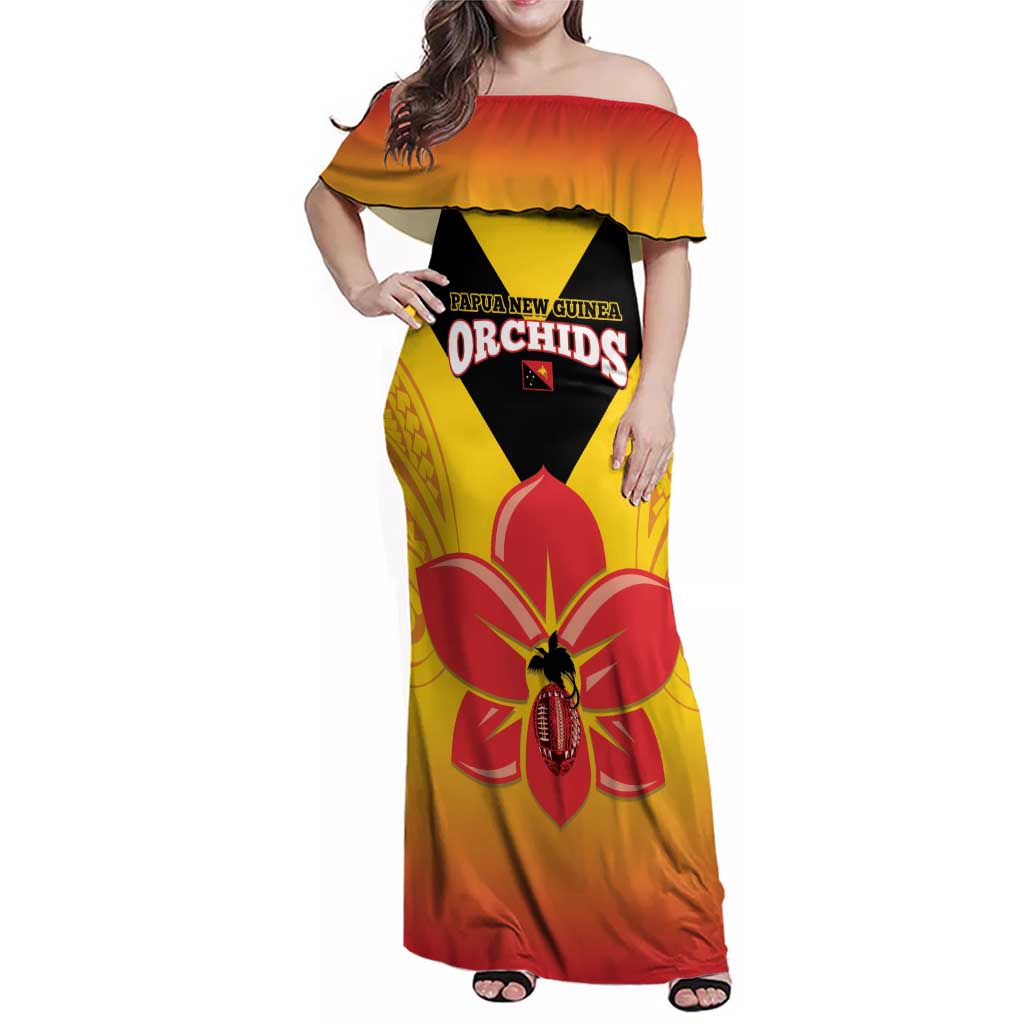 Orchids PNG Rugby Custom Family Matching Off Shoulder Maxi Dress and Hawaiian Shirt Go Champions Papua New Guinea LT14 Mom's Dress Yellow - Polynesian Pride