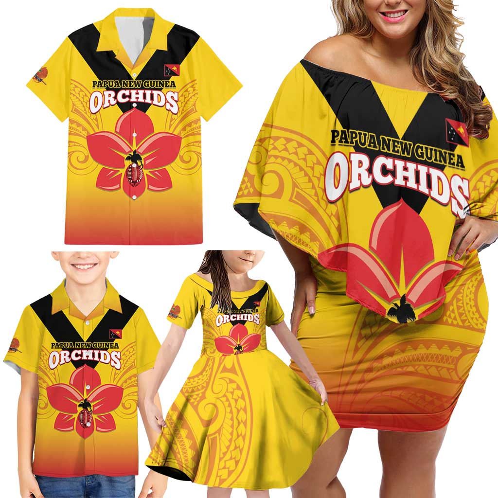 Orchids PNG Rugby Custom Family Matching Off Shoulder Short Dress and Hawaiian Shirt Go Champions Papua New Guinea LT14 - Polynesian Pride