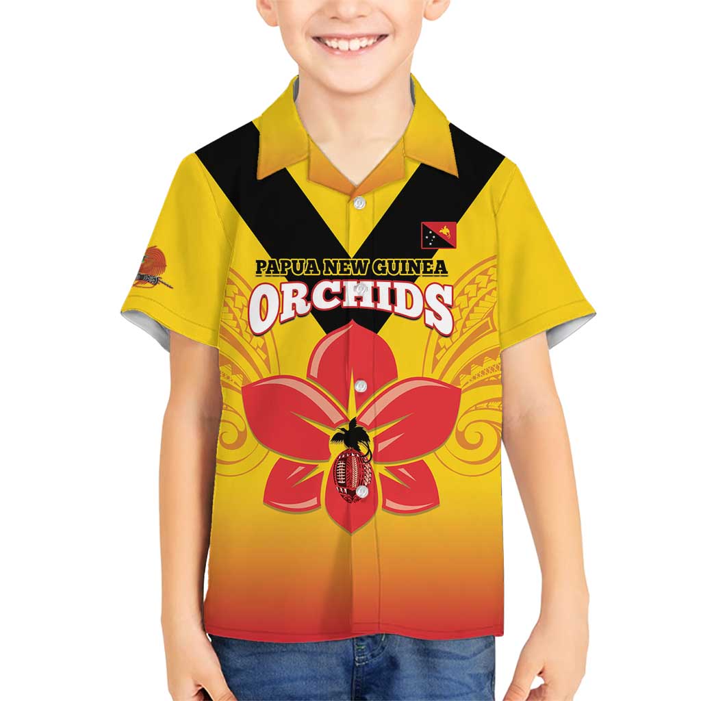 Orchids PNG Rugby Custom Family Matching Off Shoulder Short Dress and Hawaiian Shirt Go Champions Papua New Guinea LT14 Son's Shirt Yellow - Polynesian Pride